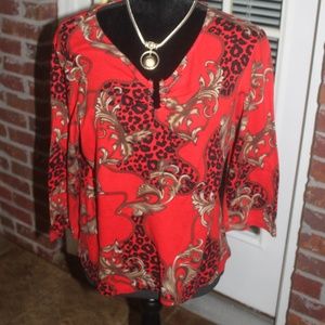 RAFAELLA Red Black Brown Tan Leopard Print 3/4 Sleeve Top Petite LARGE  EUC…